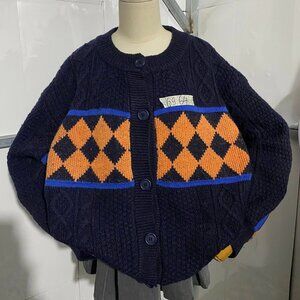Navy Blue Cardigan Orange Argyle Pattern Vintage Style 🧡